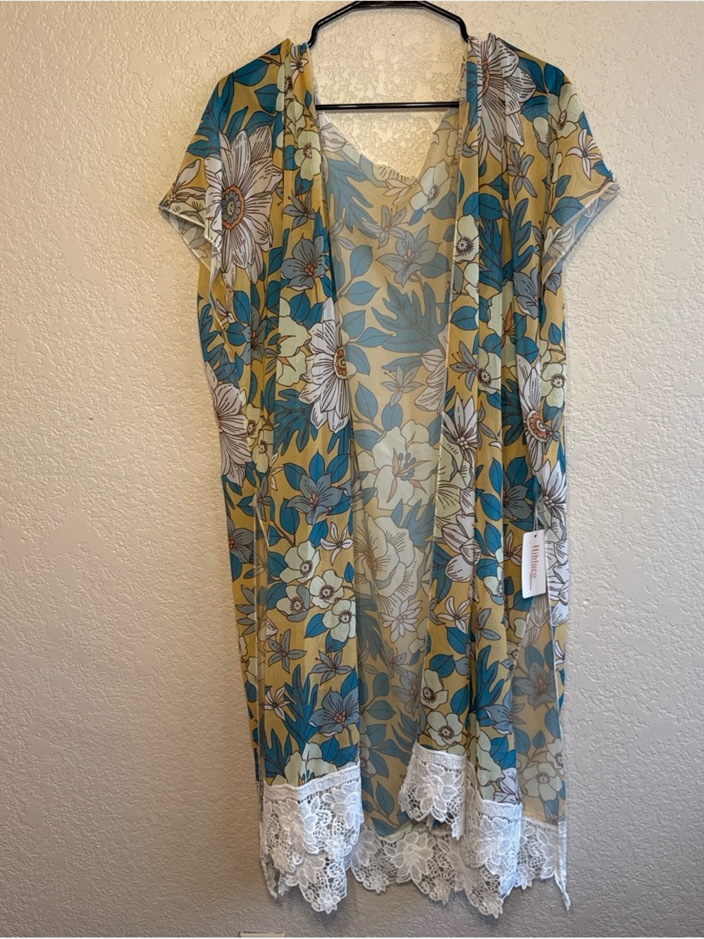 Floral Sheer Kimono with Lace Trim - Teal & Mustard